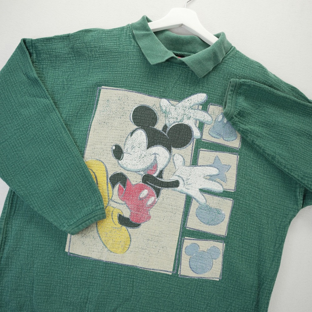 Vintage Mickey Unlimited Disney Waffle Knit Sweatshirt Green Collared Large USA